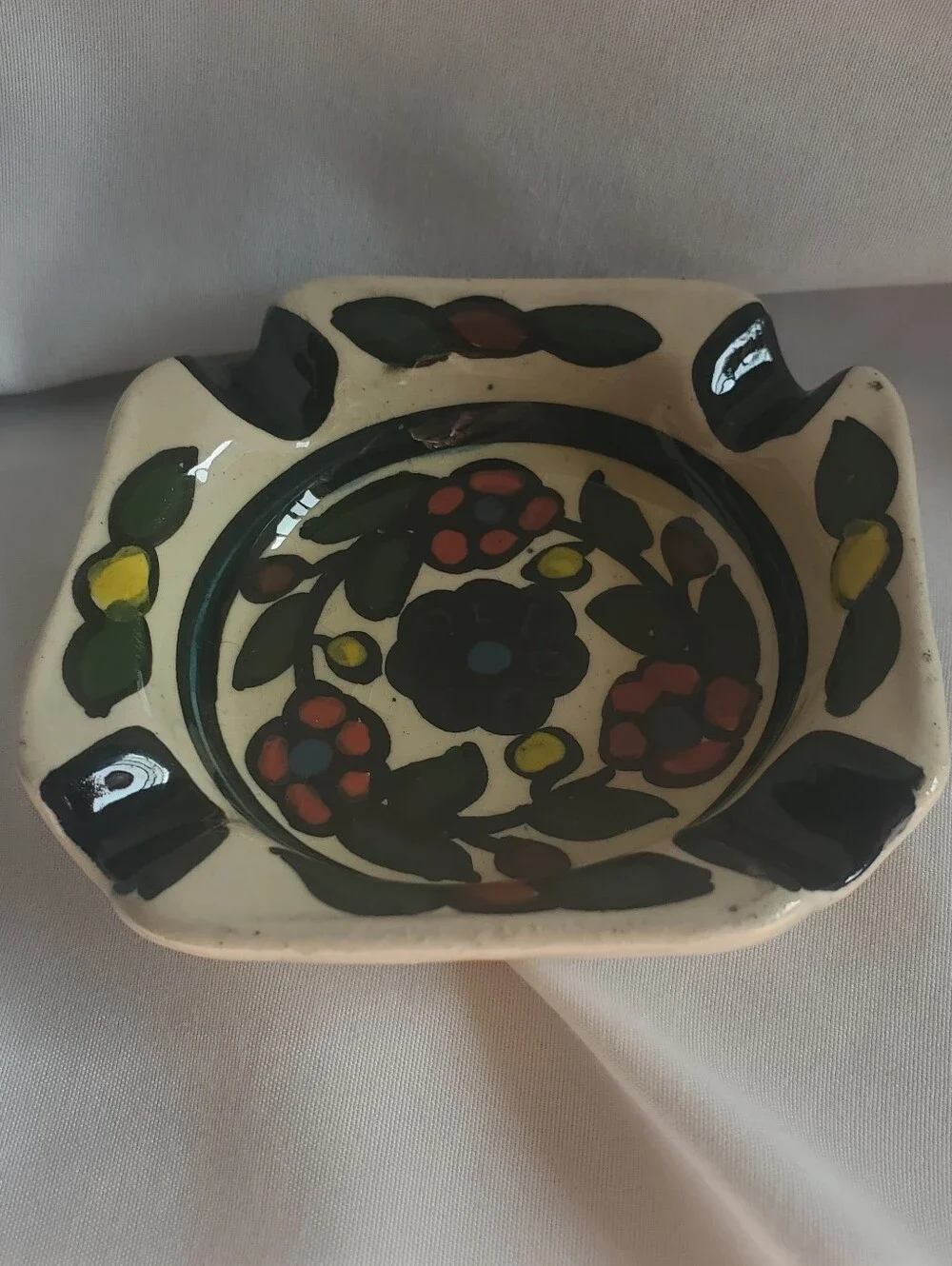 Talavera Style Vtg Hand-Painted Floral Ceramic Home Ashtray Trinket Dish Bowl